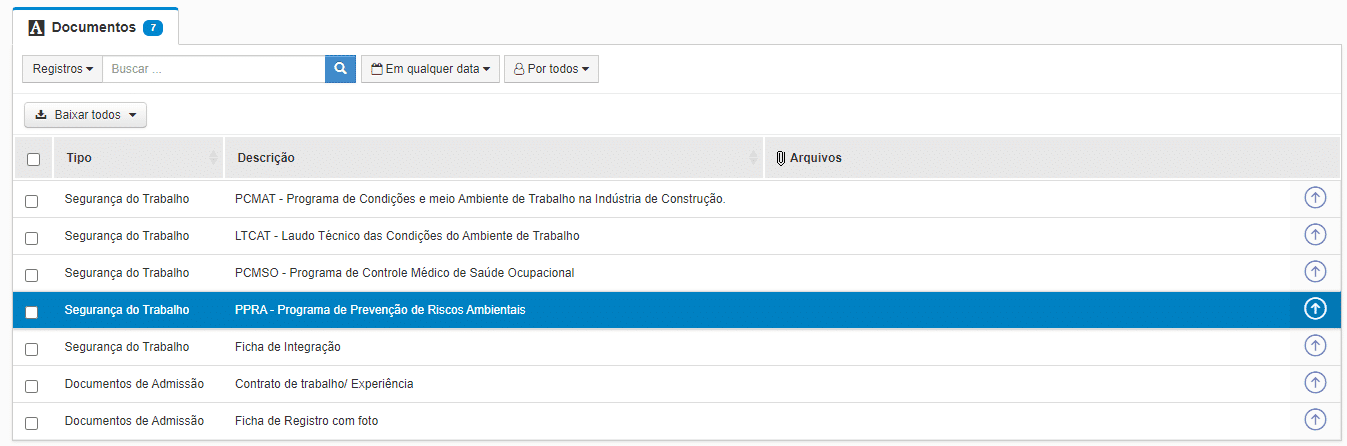 tela para upload de documentos