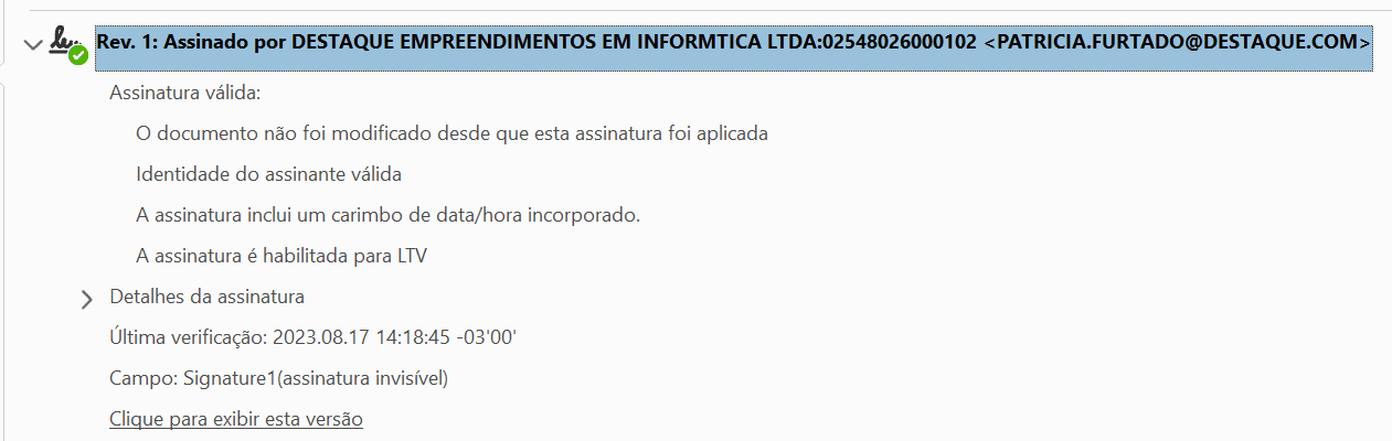 Detalhes da assinatura digital no Acrobat Reader