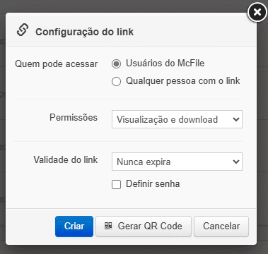 Menu de configuração do compartilhamento de links