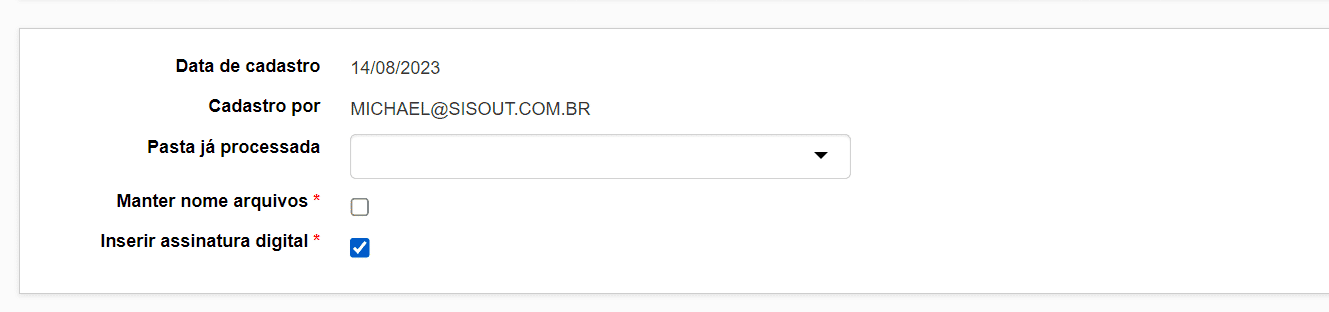 Página da criacao de pasta de digitalizacao com a caixa de incluir assinatura digital preenchida