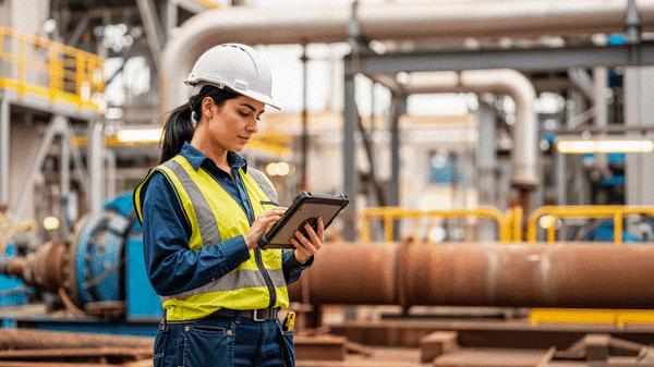 Engenheira do setor de óleo e gás utilizando um tablet em área industrial, com capacete e colete de segurança, cercada por estruturas e tubulações típicas de uma planta industrial.