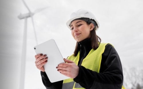 engenheira analisando dados em um tablet