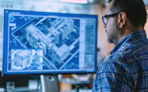 engenheiro analisando projeto em pc desktop
