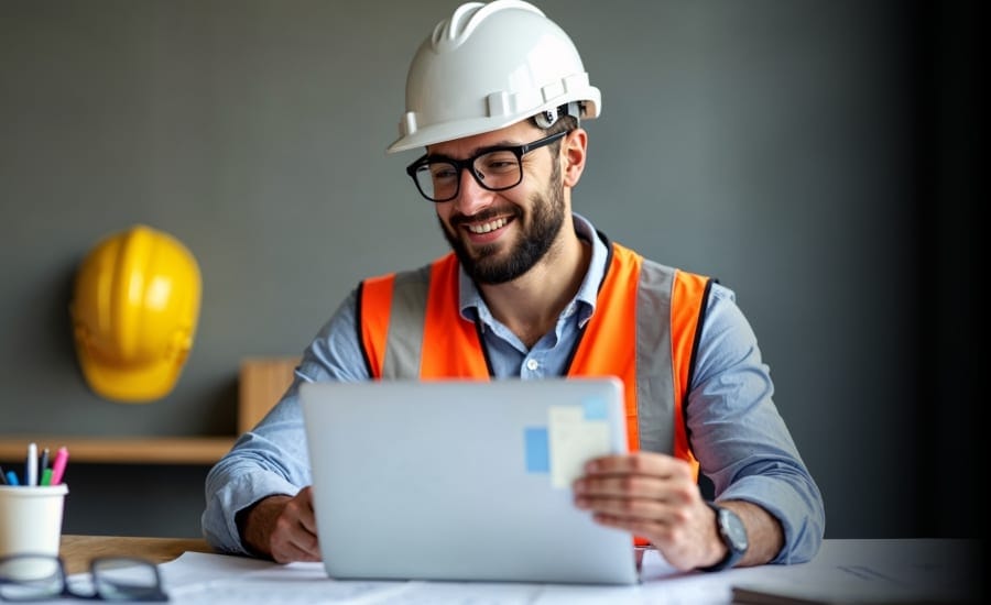 engenheiro confiante analisando projeto em notebook