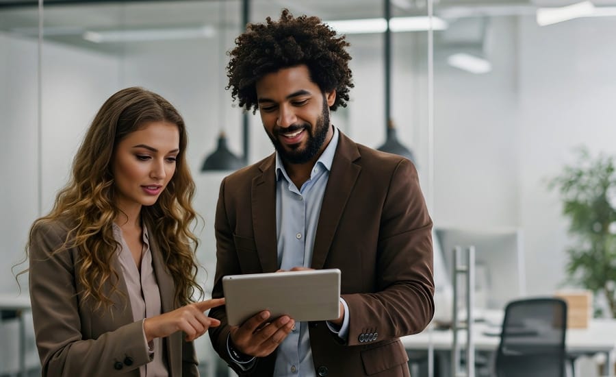 mulher e homem analisando tablet
